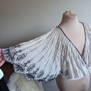 Flowy Cape-Sleeve Blouse or Wrap in Cream with Black Embroidery and Sequins